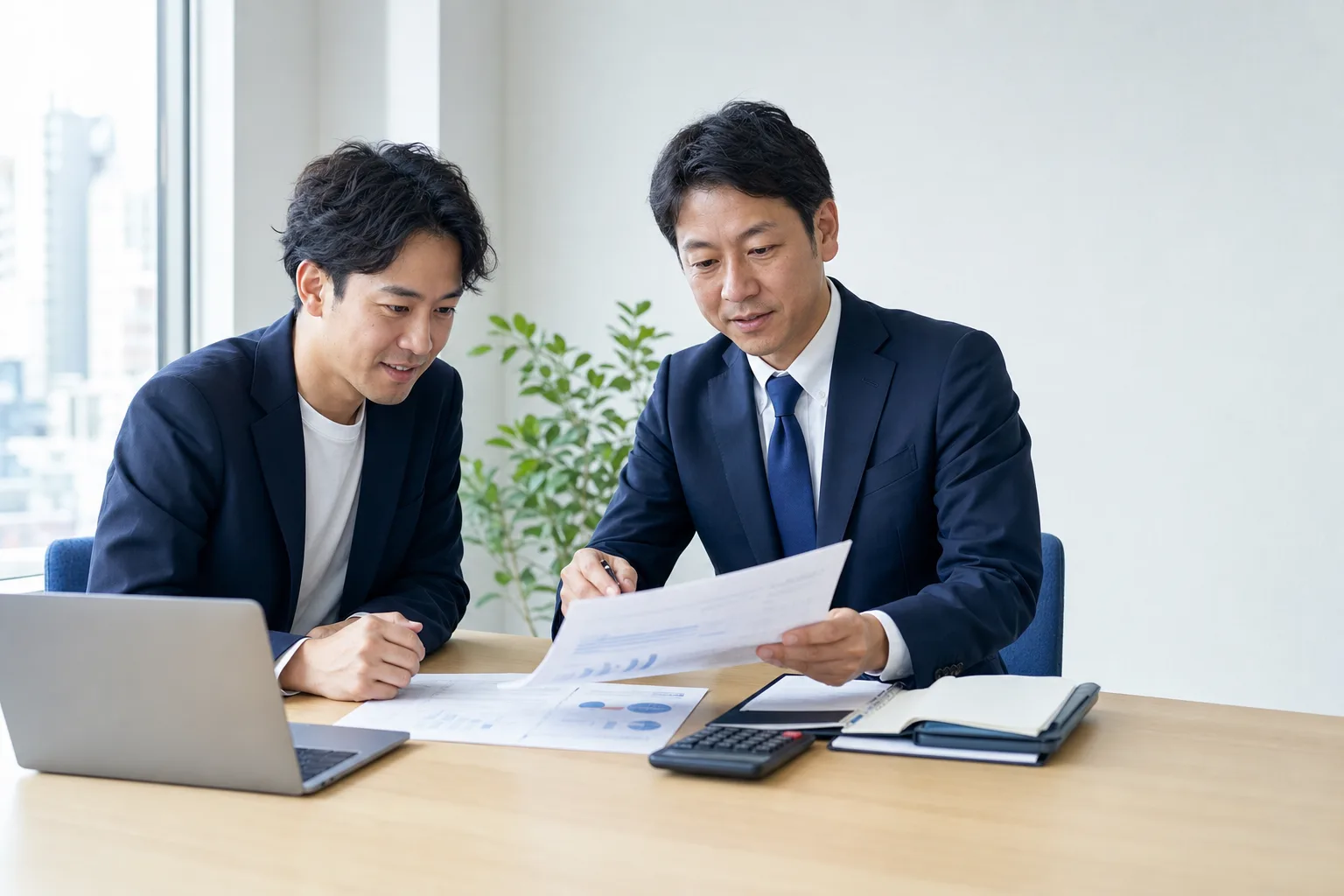 創業者と専門家が事業計画書を確認している相談風景
